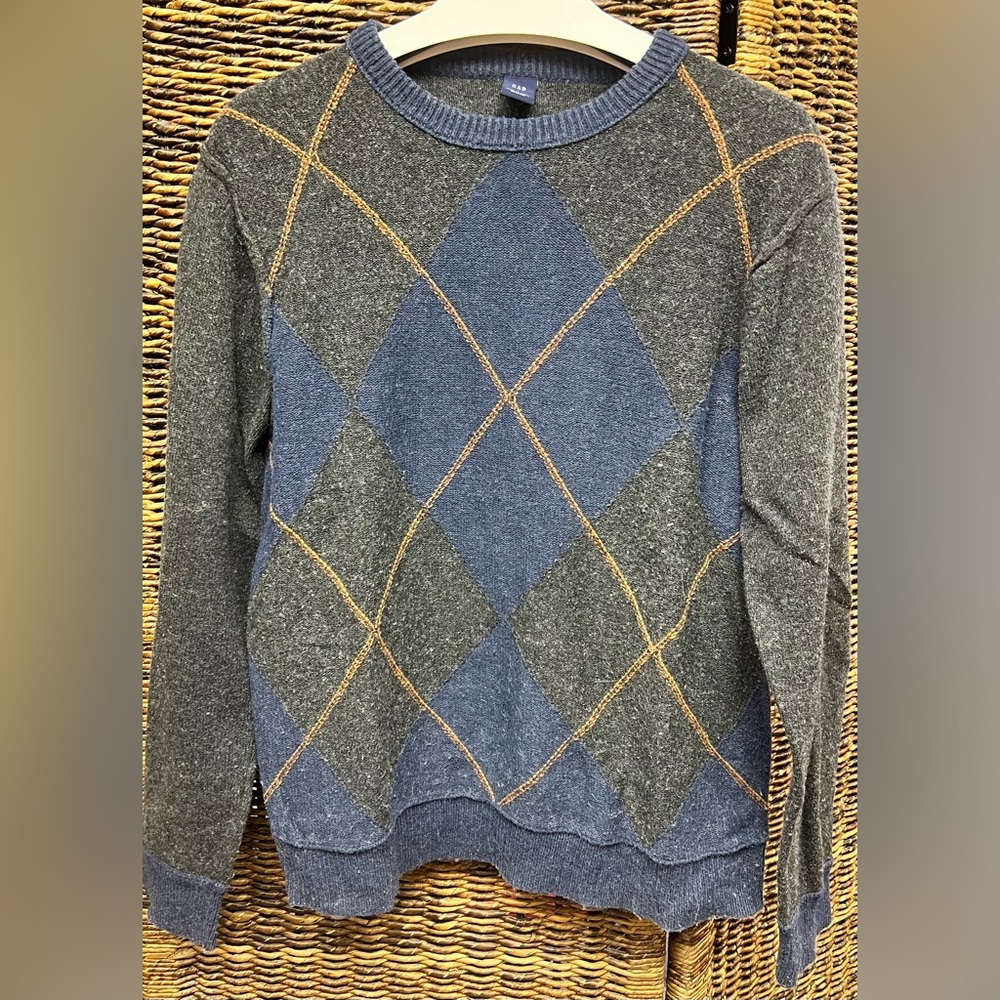 GAP Charcoal and Navy Argyle Sweater- Cotton/Nylon/Wool/Silk blend, Large